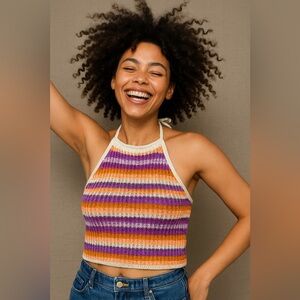 Pink Lily Crochet Knit Halter Top Multicolor Stripe Boho Summer Festival M